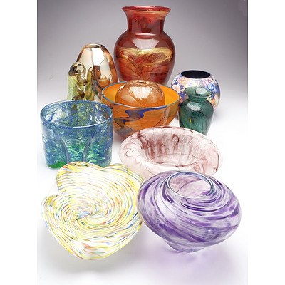 Eleven Peices of Studio Art Glass Including Internal Decoupage Pansy Vase, Large Burragorang Vase, Denis OConner Bubble Vase and More