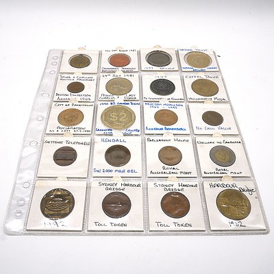 Two Pages of Medallions and Tokens, Including 1997 $1 Las Vegas Gaming Token, 1990 $2 Launceston Country Club Token and More