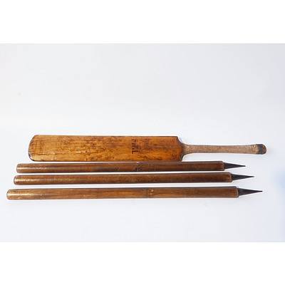 Vintage Willow Cricket Bat and Three Stumps with Tin Tips