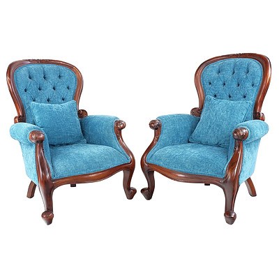 Pair of Reproduction Victorian Style Blue Upholstered Salon Chairs