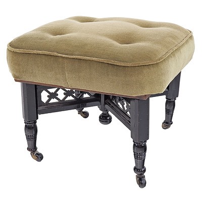 Late Victorian Japanned and Green Velvet Upholstered Footstool, Late 19th Century