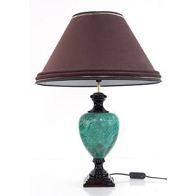 Lamp with Green Ceramic Base with Imitation Malachite Finish and Purple Shade