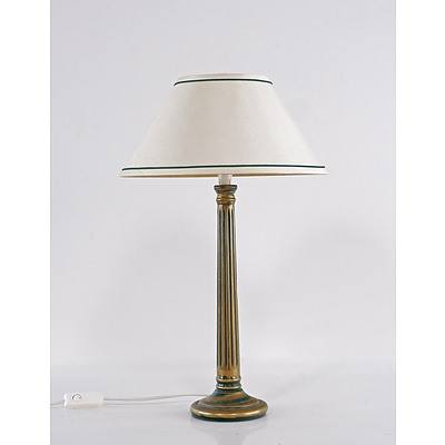 Lamp with Green and Gold Painted Fluted Wood Columnar Base and White Shade