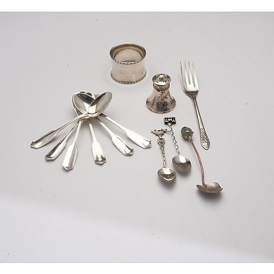 Quantity of Silver Items Including Napkin RIng, Teaspoons, Salt Shaker and More