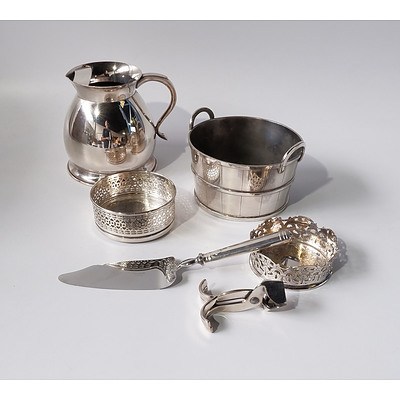 Quantity of Silver Plate Items Including Christofle Cake Slide, Water Jug and Two Wine Bottle Coasters