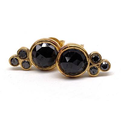 18ct Yellow Gold Stud Earrings with Crown Facetted Onyx and Diamonds