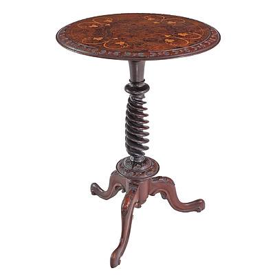 Superb Late Victorian Inlaid Walnut Wine or Lamp Table with Spiral Carved Pedestal, Circa 1880