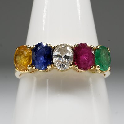 18ct Yellow Gold Ring With Emerald, Ruby, Sapphire, Diamond, and Yellow Sapphire, 4.7g