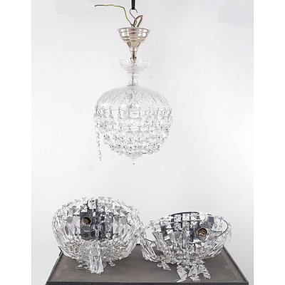 Pair Retro Cut Glass Chandeliers and Single Cut Glass Chandelier