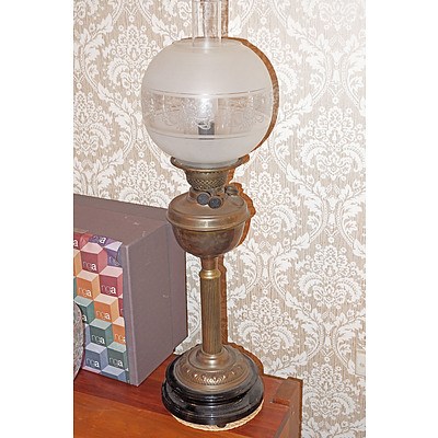 Victorian Brass and Porcelain Banquet Lamp, with Duplex Burner and Etched Glass Shade