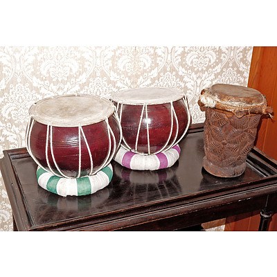 Pair of Indian Drums, Modern and a Polynesian Drum