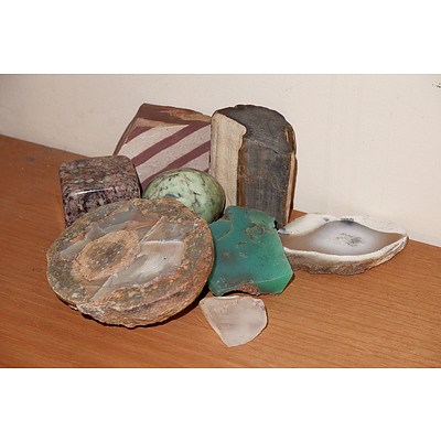 Group of Polished and Unpolished Stones, Including Chrysoprase and Chalcedony