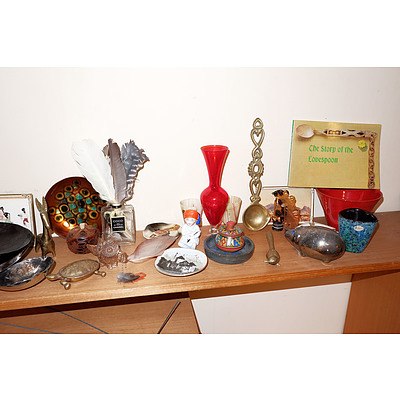 Melange of Items, Including Portuguese Ceramic Roster, Coco Chanel Bottle, Horn Indonesian Puppets and More 