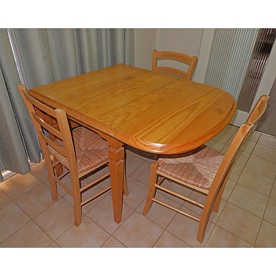 Contemporary Folding Pine Dining Table and Three Beech and Rush Dining Chairs