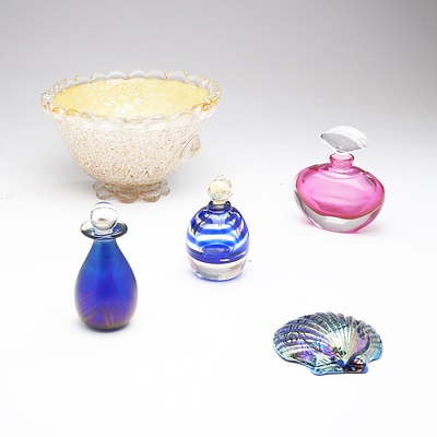 Italian Art Glass Bowl, Three Hand Blown Signed Perfume Bottles and Hand Blown Glass Shell