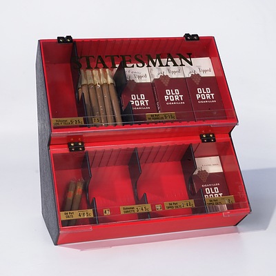 Statesman Cigar Display Stand With Partial Contents Including 9 Old Port Cigarillos Packets and More
