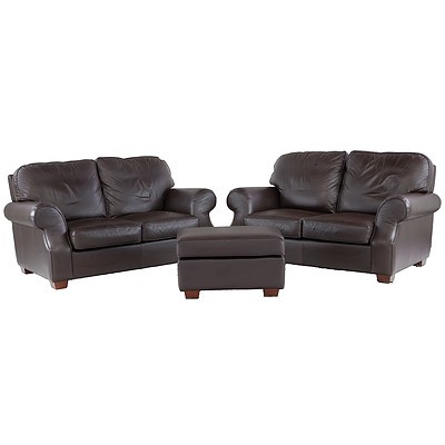 Pair of Moran Brown Leather Upholstered Two Seater Sofas
