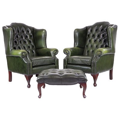 Superb Pair Deep Buttoned Green Leather Chesterfield Wingback Armchairs and Ottoman