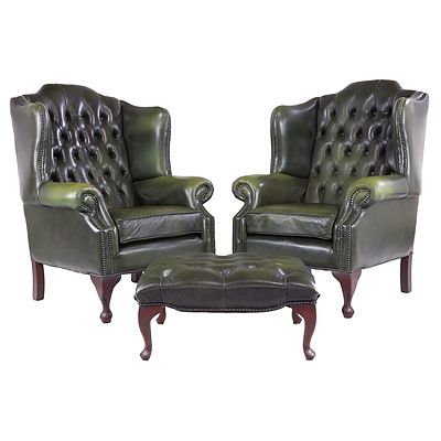Superb Pair Deep Buttoned Green Leather Chesterfield Wingback Armchairs and Ottoman