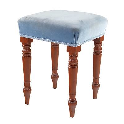 Blue Fabric Upholstered Stool with Turned Legs