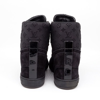 Louis Vuitton Black Suede And Embossed Monogram Fabric Millenium Wedge Sneakers, Size 39