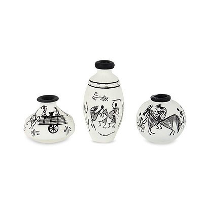 Miniature Terracotta White Decorative Pots (Set of 3) - Lot of 4 Sets - *Brand New*