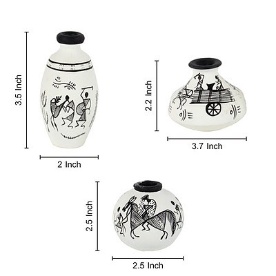 Miniature Terracotta White Decorative Pots (Set of 3) - Lot of 4 Sets - *Brand New*