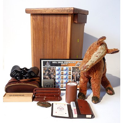 Wooden Toy Box, Wetzlar Binoculars 7 x 50 in Carry Case, Selection of Games, Jack Daniels Belt Buckle and NRL Wests Tigers 2005 50c Stamps and More