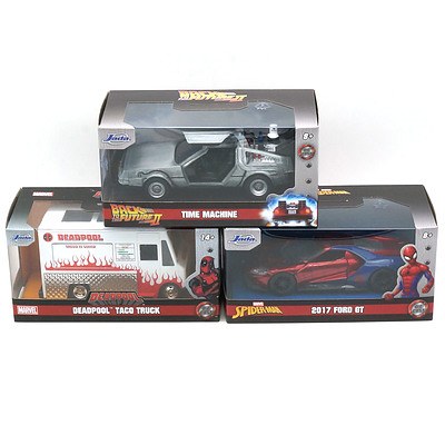 Three Boxed Jada Diecast Cars, Including Spiderman 2017 Ford GT, Deadpool Taco Truck and Back to the Future II Time Machine