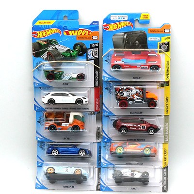 Ten Hot Wheels Model Cars, Including 92 Ford Mustang, Ford GT-40, 17 Audi RS 6 Avant, and More
