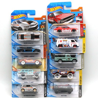 Ten Hot Wheels Model Cars, Including Classic 55 Nomad, Land Rover Series III Pickup, More