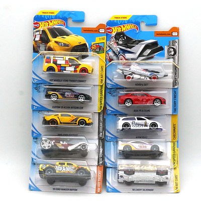 Ten Hot Wheels Model Cars, Including Audi RS Coupe, Tur-Bone Charged, 19 Ford Ranger Raptor, and More