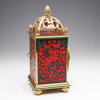 Superb Quality Swiss Arthur Imhof Gilt Brass and Fired Enamel Decorated Chiming Mantle Clock, Third Quarter of the 20th Century
