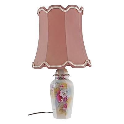 Table Lamp with Floral Motif Ceramic Base and Pink Shade