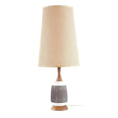 Nice Retro Table Lamp with Ceramic and Timber Base and Brown Fabric Shade