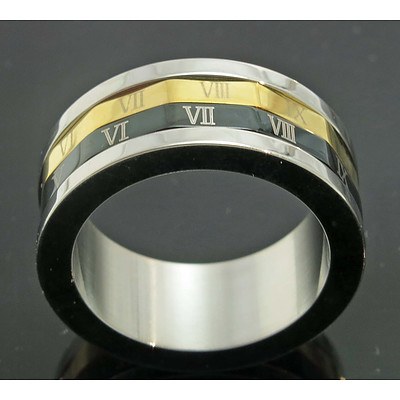Stainless Steel Ring, With Black Ion And 18ct Gold Plated Spinning Centres