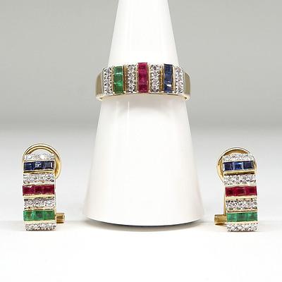 18ct Yellow and White Gold Diamond Ring With Natural Emeralds, Rubies and Sapphires with Matching Earrings