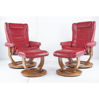 Pair of Moran Active Comfort Red Leather Upholstered Armchairs with Foot Stools