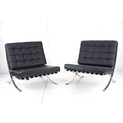 Pair of Barcelona Chairs with Buttoned Faux Leather Upholstery, Modern