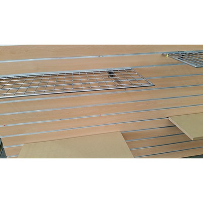 Four Slatwall Shelving Panels With Rails and Shelves