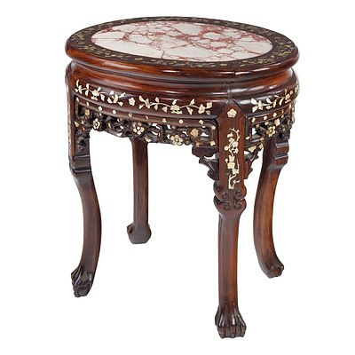Chinese Marble  and Pearl Shell Inlaid Hongmu Rosewood Side Table, Early 20th Century