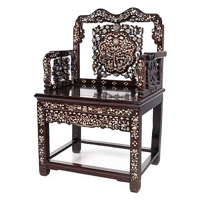 Chinese Pearl Shell Inlaid Rosewood Throne Chair, Early 20th Century