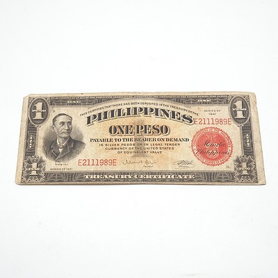 1941 Philippines One Peso Red Seal Banknote