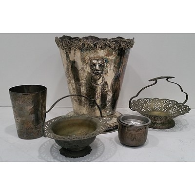 Silver Plate Wine Bucket with Cast Grape Vine Border and Other Silverware as Shown