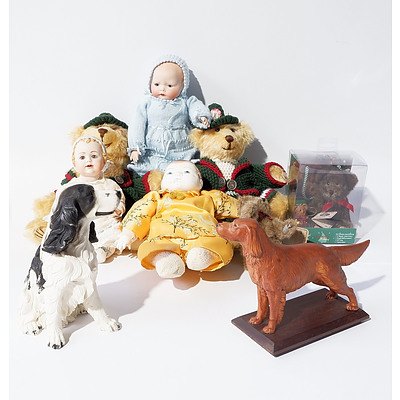Four Teddy Bears, Three China Faced Dolls and Two Resin Dog Statues