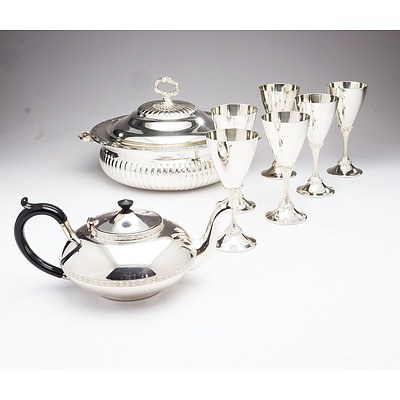 Ten Silver Plate Items Including Tea Pot, Three Piece Warming Dish and Six Matching Goblets