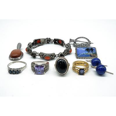 Group of Sterling Silver Jewellery, Including Lapis Lazuli Earrings, English Beachside Brooch and More