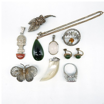 Group of Costume Jewellery, Including Filigree Butterfly and Flower, Kilt Brooch, Mother of Pearl Pendant and More