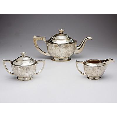 Sterling Silver Wai Kee (Hong Kong) Teapot, Jug and Lidded Sugar Bowl with Engraved Bamboo Motif, 1221g
