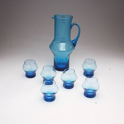 Seven Piece Blue Glass Drinks Set Including Six Glasses and Jug